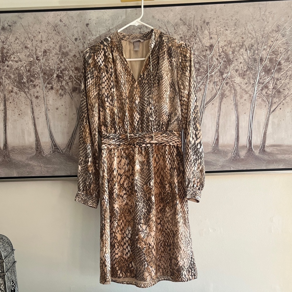H&M Brown Snake-Print Long Sleeve V-Neck Dress